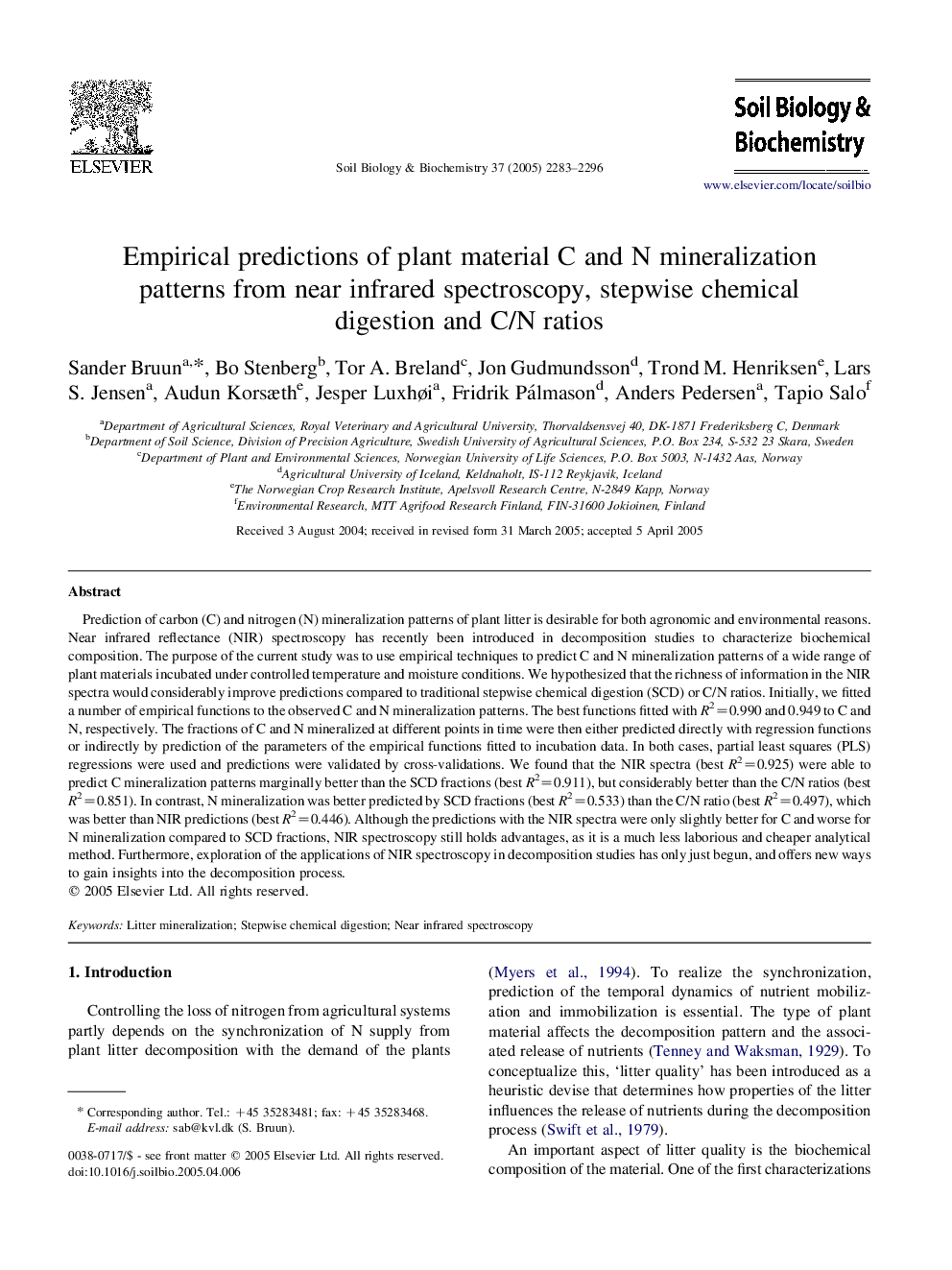 Empirical predictions of plant material C and N mineralization patterns from near infrared spectroscopy, stepwise chemical digestion and C/N ratios