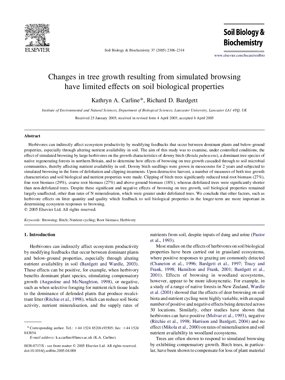 Changes in tree growth resulting from simulated browsing have limited effects on soil biological properties