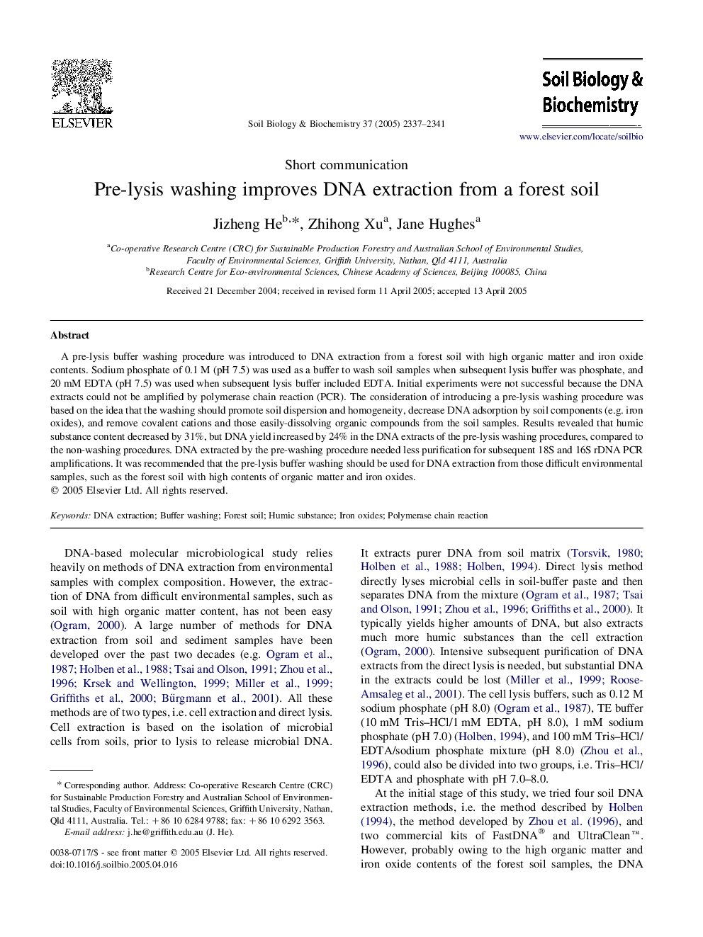 Pre-lysis washing improves DNA extraction from a forest soil