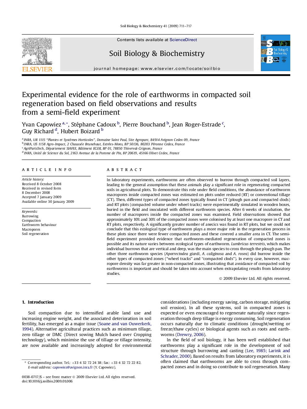 Experimental evidence for the role of earthworms in compacted soil regeneration based on field observations and results from a semi-field experiment