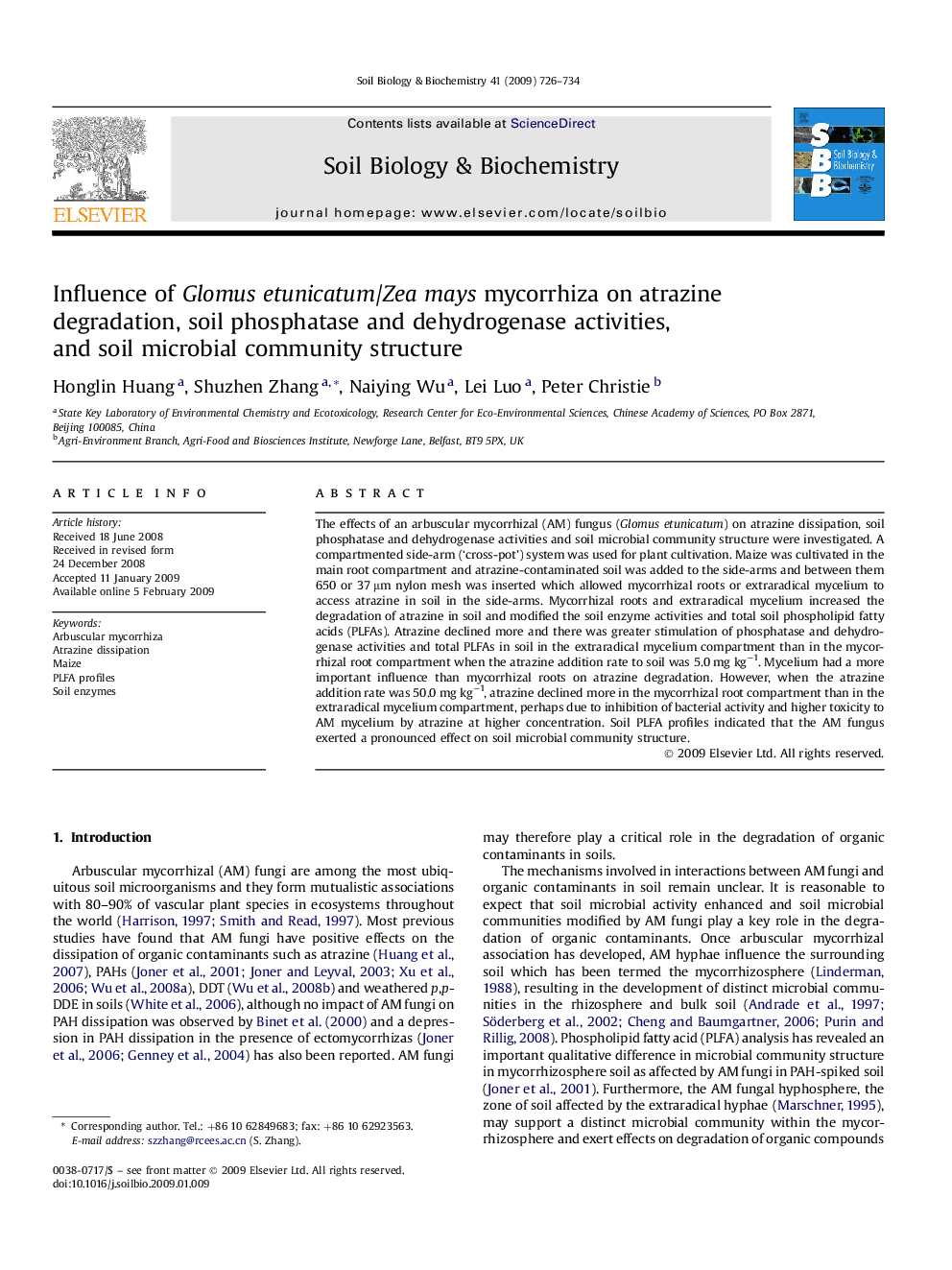 Influence of Glomus etunicatum/Zea mays mycorrhiza on atrazine degradation, soil phosphatase and dehydrogenase activities, and soil microbial community structure