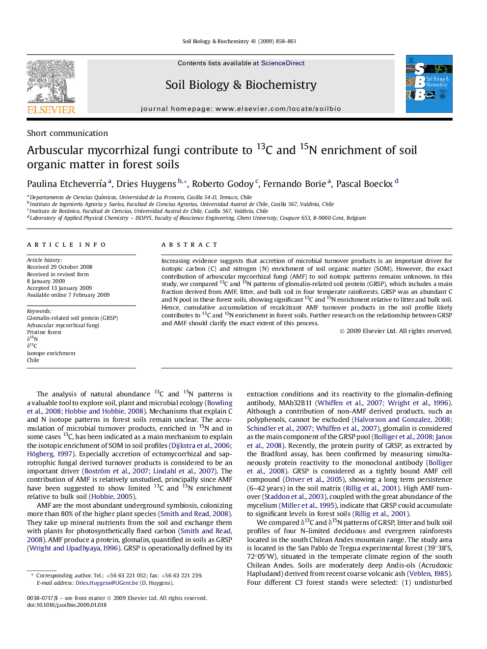 Arbuscular mycorrhizal fungi contribute to 13C and 15N enrichment of soil organic matter in forest soils