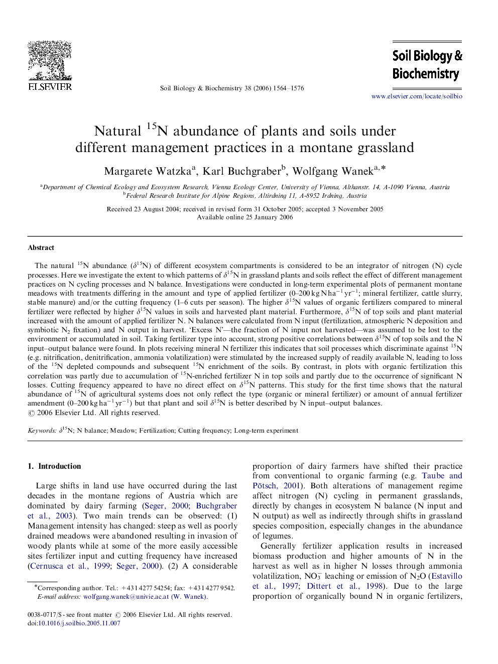 Natural 15N abundance of plants and soils under different management practices in a montane grassland