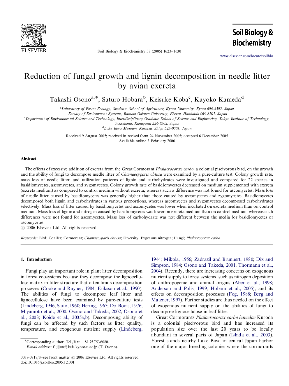 Reduction of fungal growth and lignin decomposition in needle litter by avian excreta