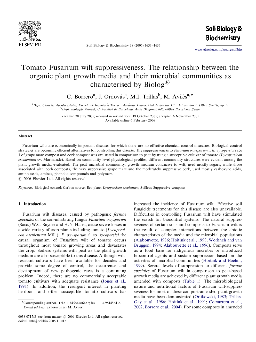 Tomato Fusarium wilt suppressiveness. The relationship between the organic plant growth media and their microbial communities as characterised by Biolog®