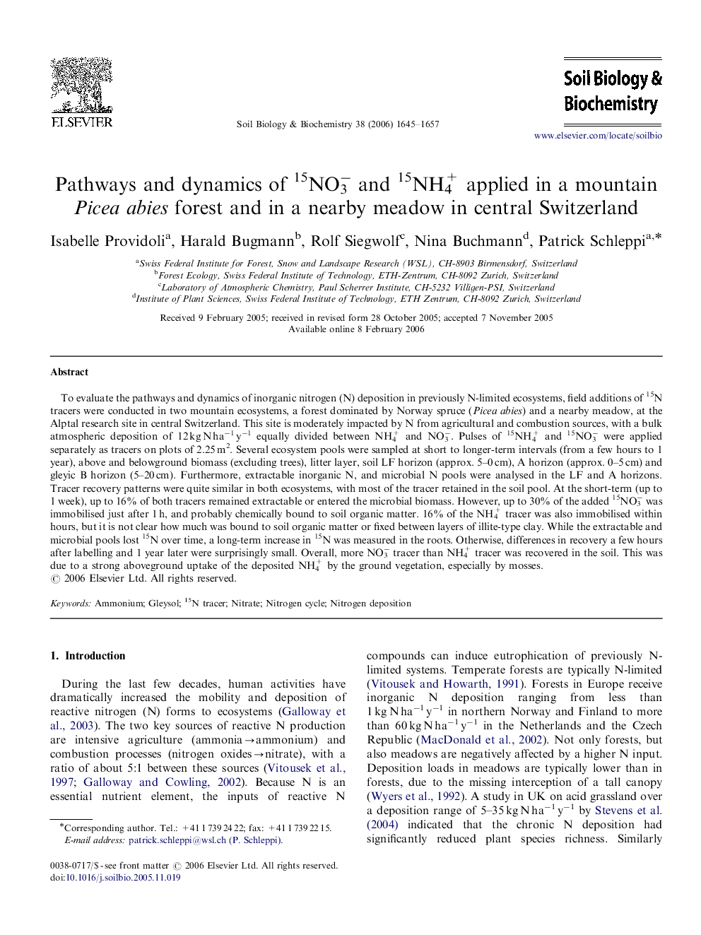 Pathways and dynamics of 15NO3− and 15NH4+ applied in a mountain Picea abies forest and in a nearby meadow in central Switzerland