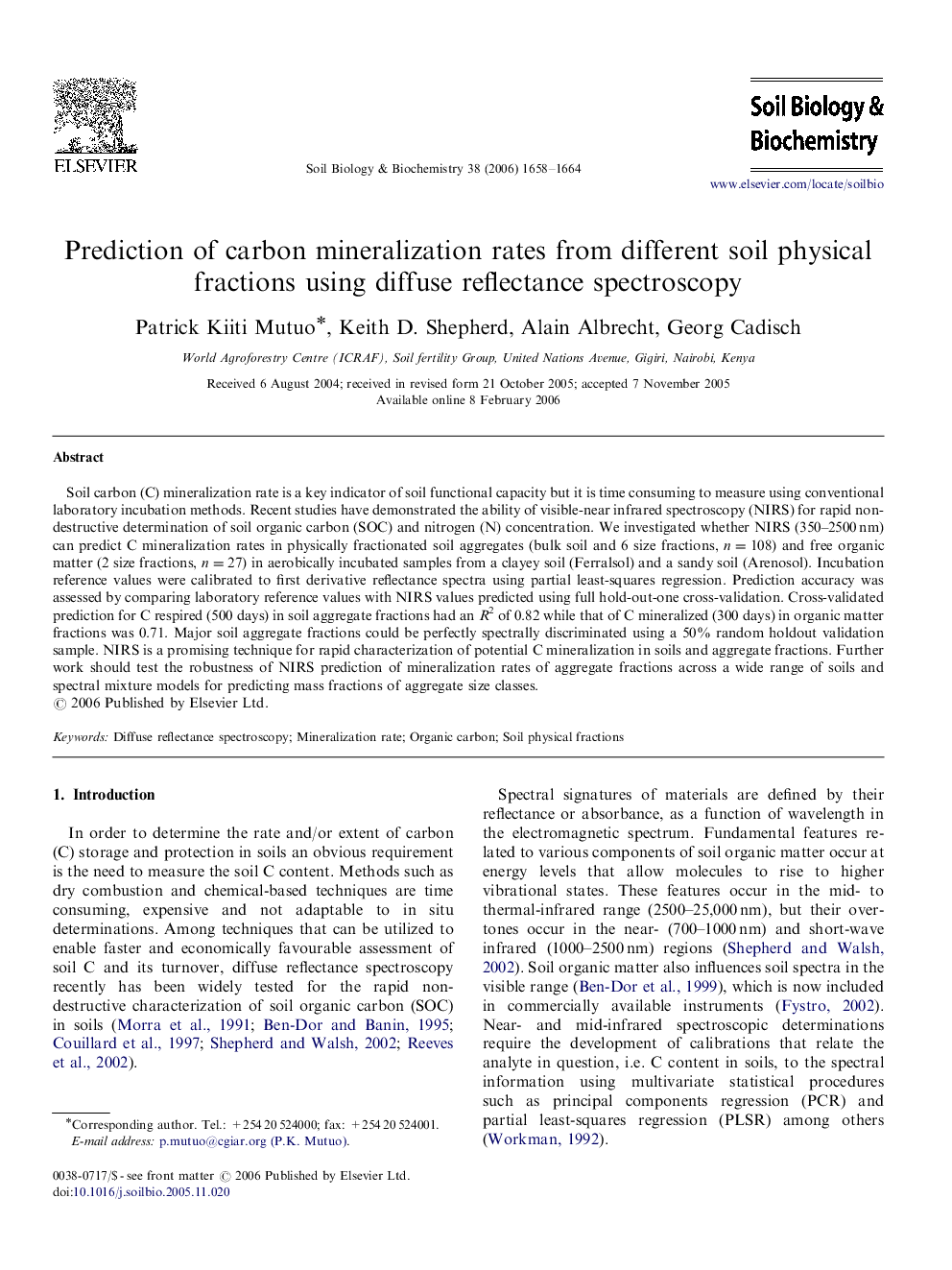 Prediction of carbon mineralization rates from different soil physical fractions using diffuse reflectance spectroscopy