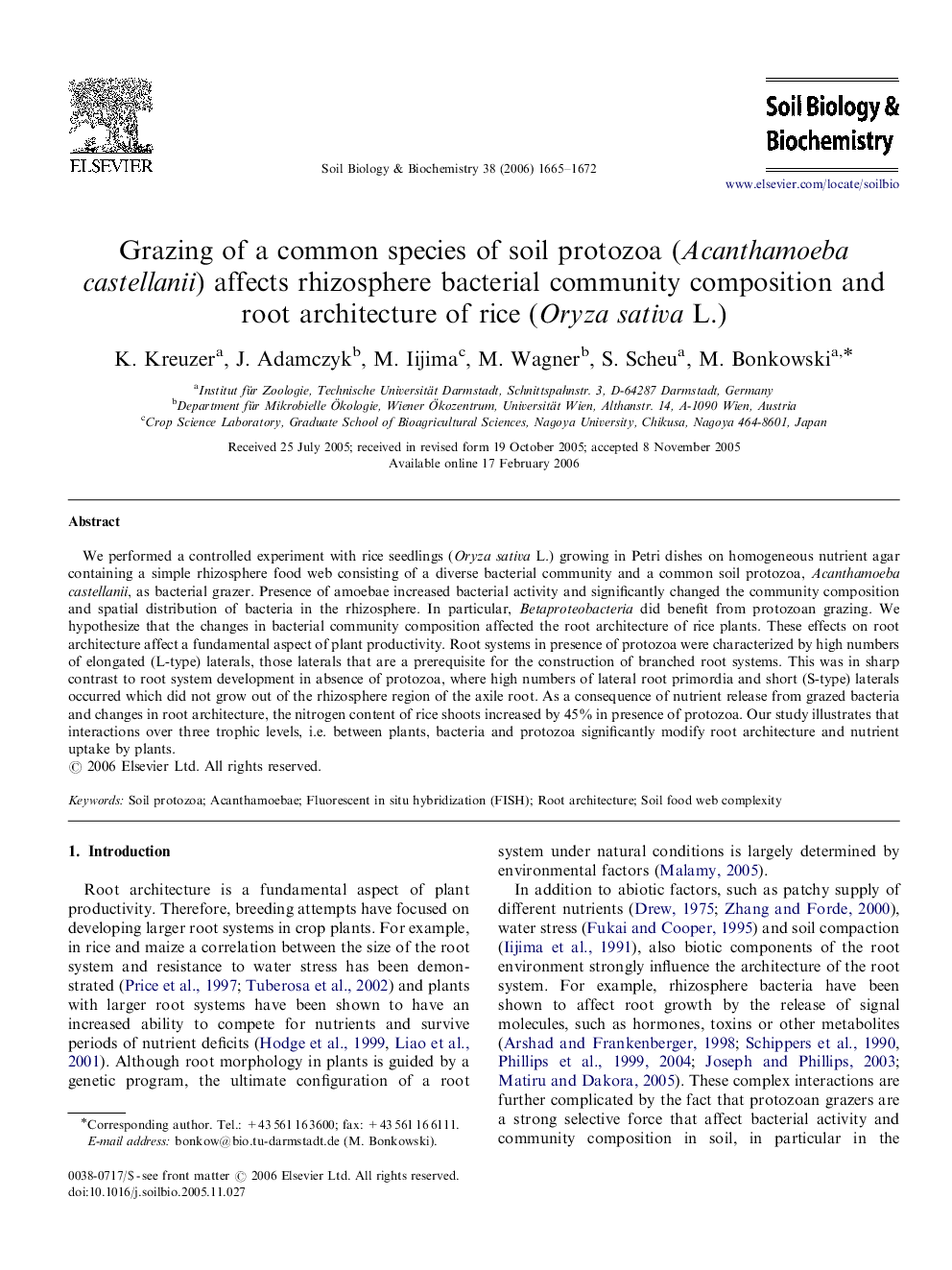 Grazing of a common species of soil protozoa (Acanthamoeba castellanii) affects rhizosphere bacterial community composition and root architecture of rice (Oryza sativa L.)