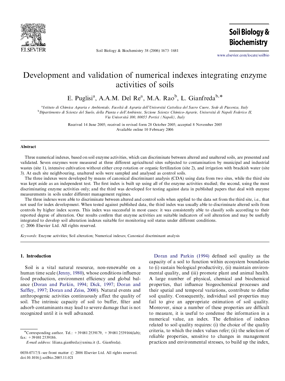 Development and validation of numerical indexes integrating enzyme activities of soils