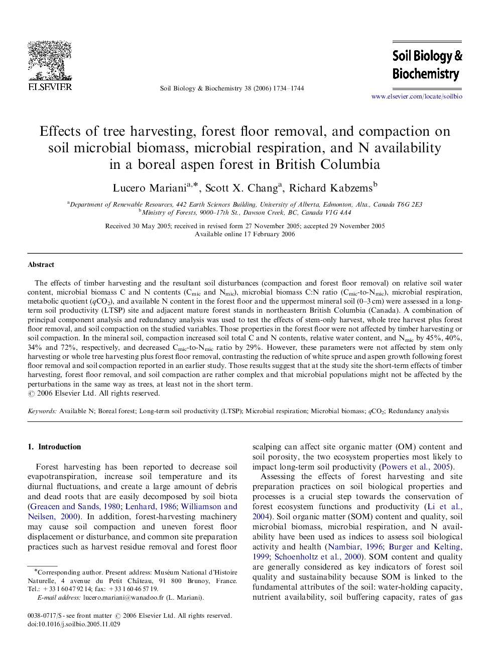 Effects of tree harvesting, forest floor removal, and compaction on soil microbial biomass, microbial respiration, and N availability in a boreal aspen forest in British Columbia