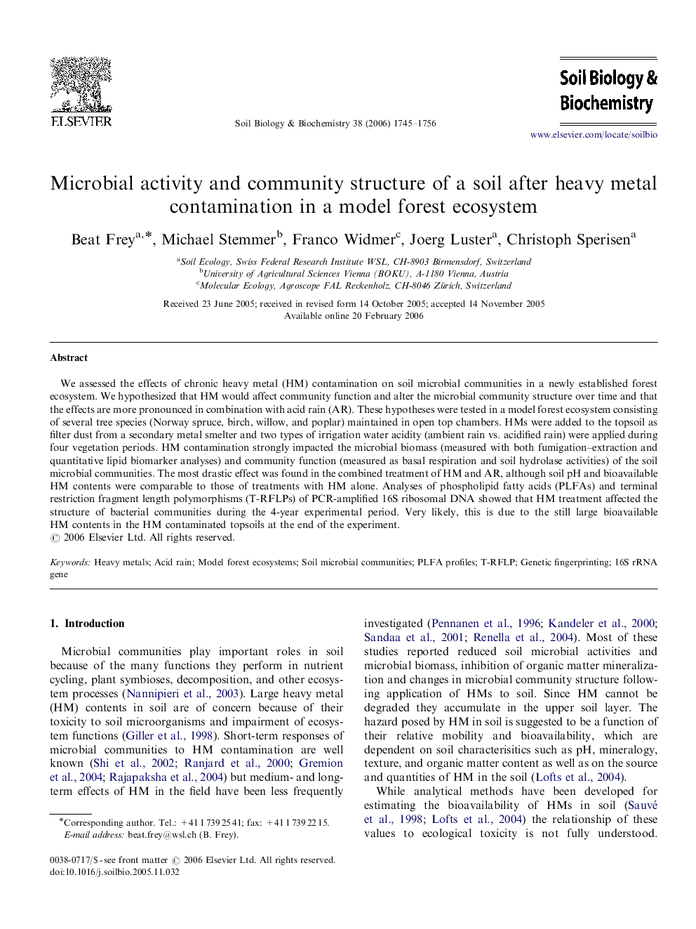 Microbial activity and community structure of a soil after heavy metal contamination in a model forest ecosystem