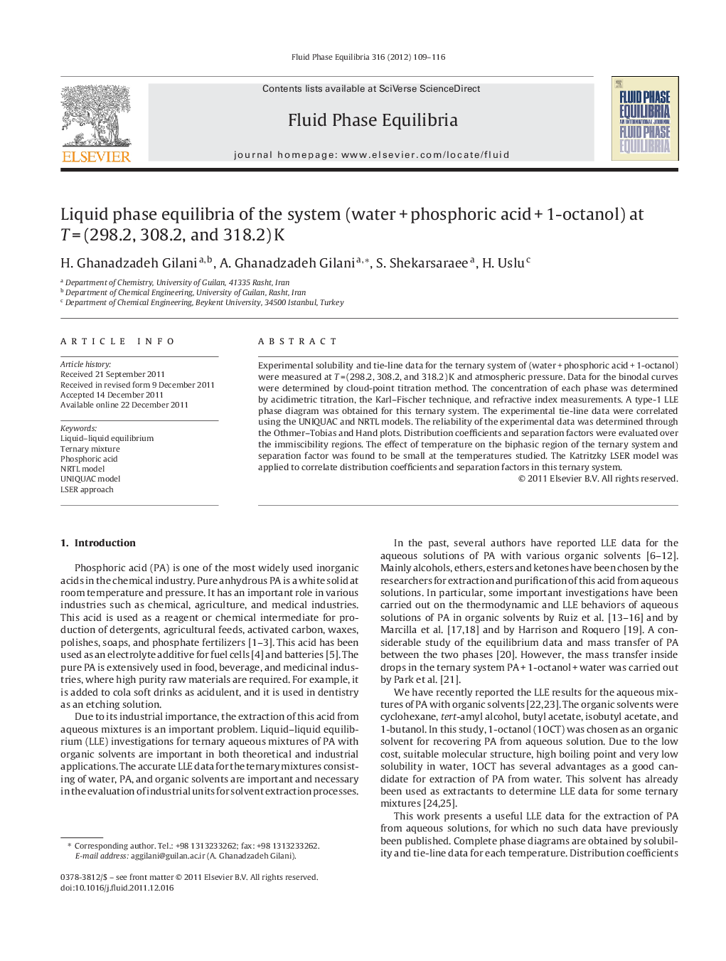 Liquid phase equilibria of the system (water + phosphoric acid + 1-octanol) at T = (298.2, 308.2, and 318.2) K