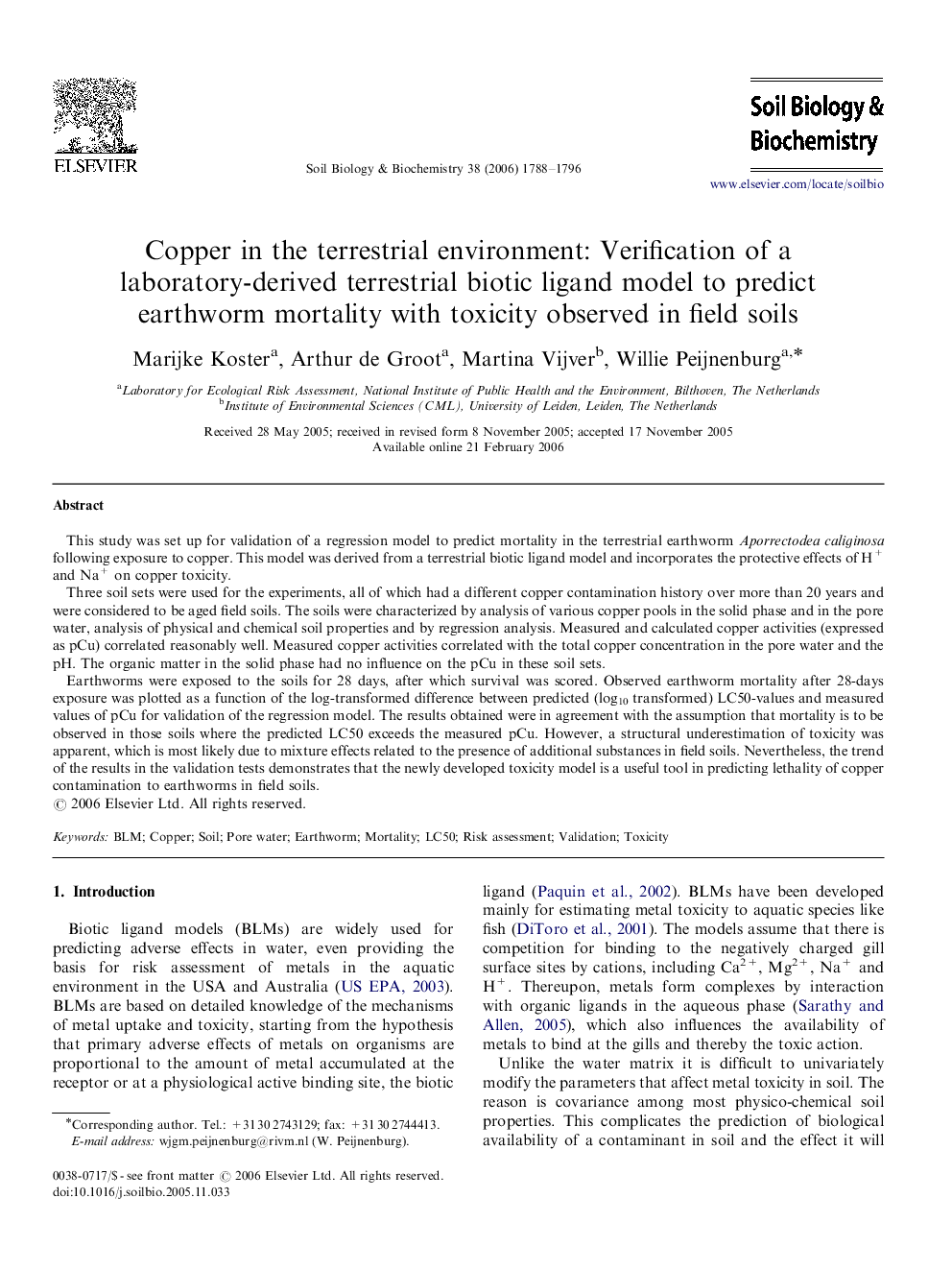 Copper in the terrestrial environment: Verification of a laboratory-derived terrestrial biotic ligand model to predict earthworm mortality with toxicity observed in field soils