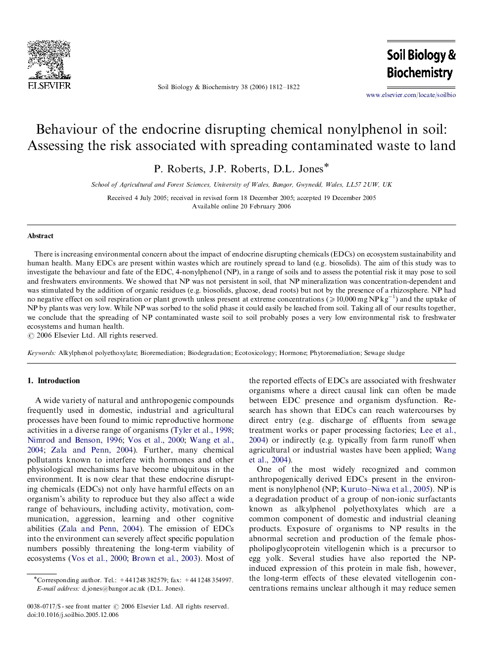 Behaviour of the endocrine disrupting chemical nonylphenol in soil: Assessing the risk associated with spreading contaminated waste to land