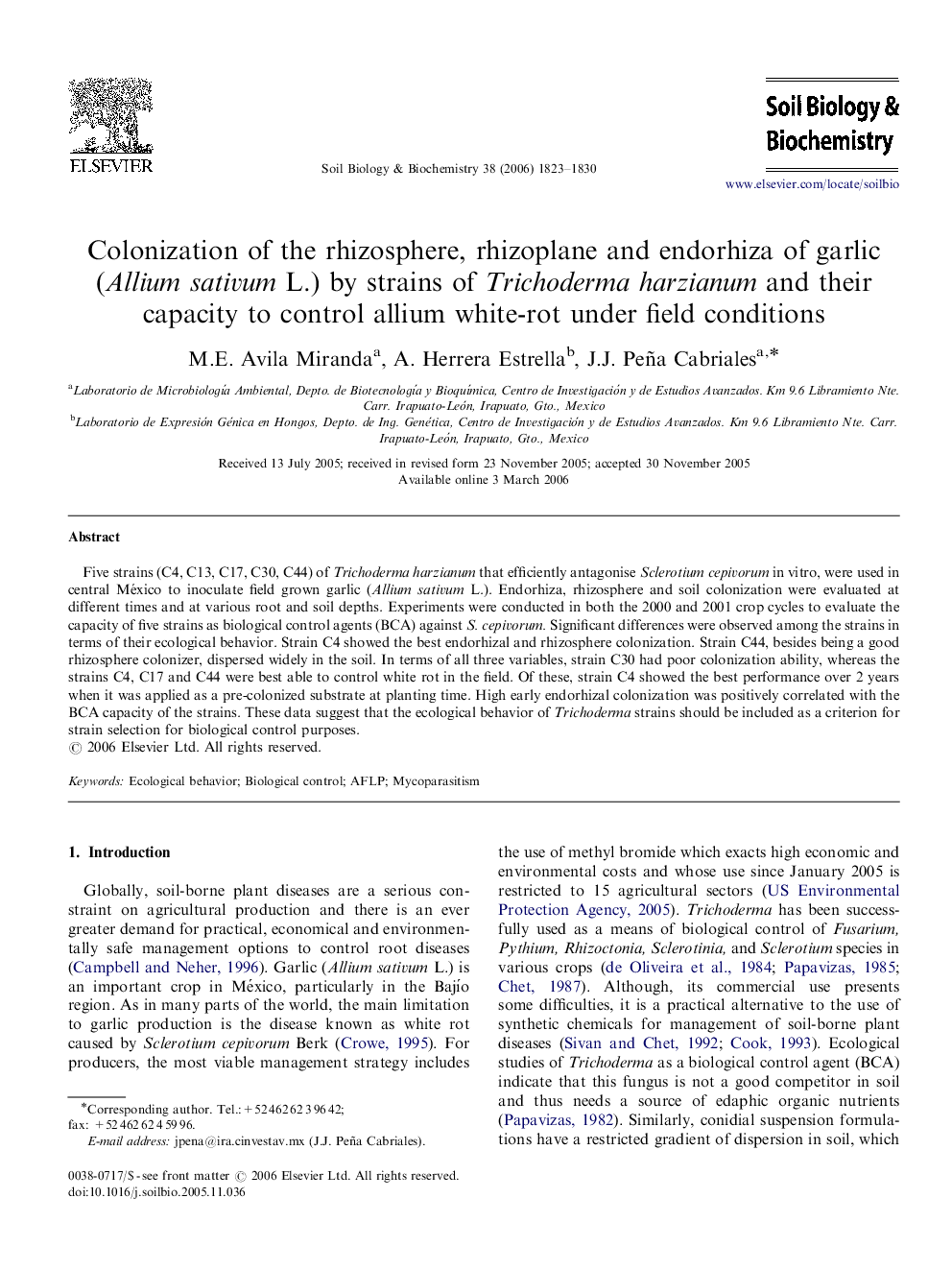 Colonization of the rhizosphere, rhizoplane and endorhiza of garlic (Allium sativum L.) by strains of Trichoderma harzianum and their capacity to control allium white-rot under field conditions