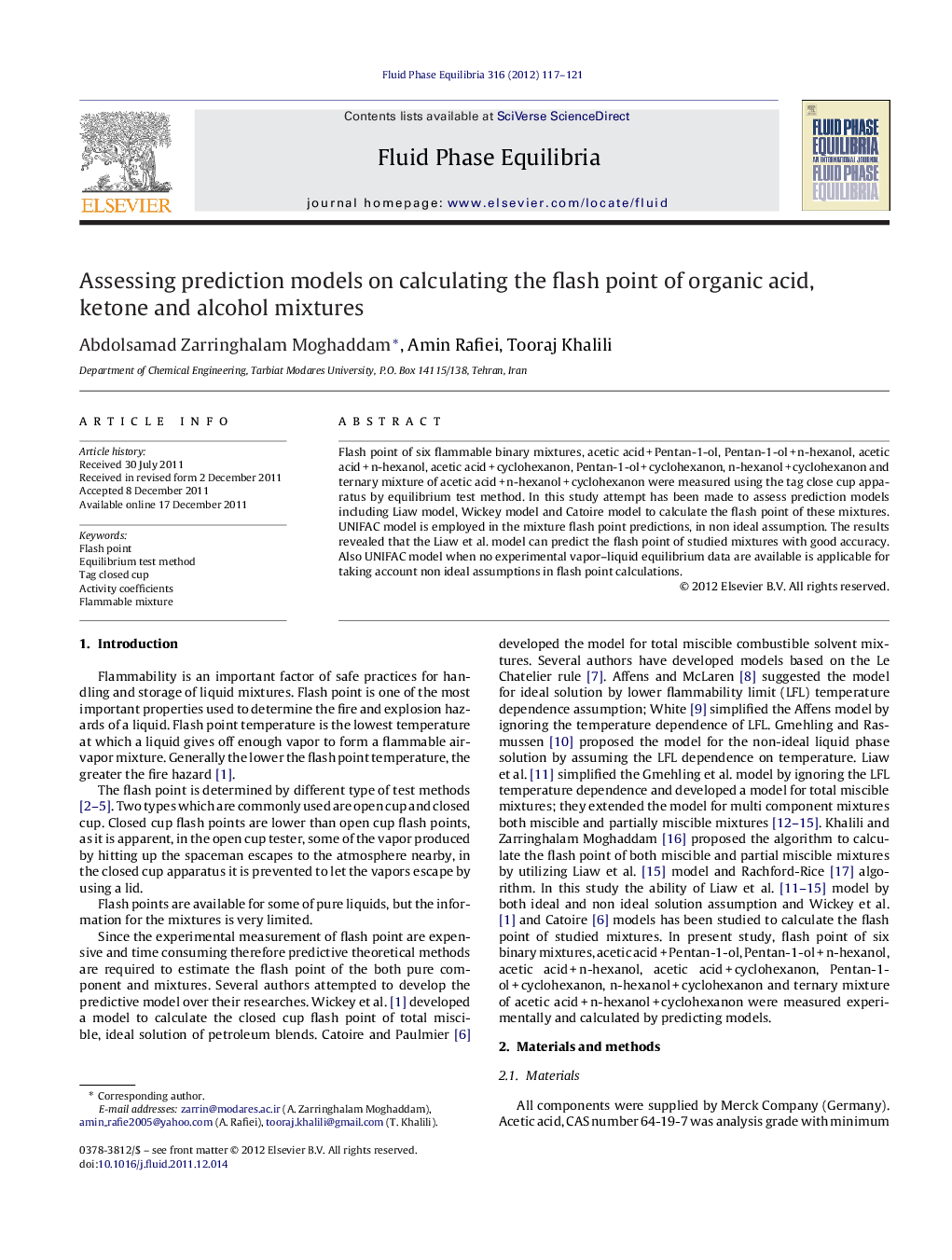 Assessing prediction models on calculating the flash point of organic acid, ketone and alcohol mixtures