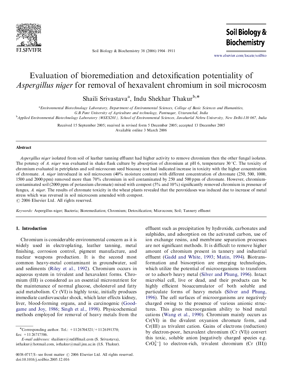 Evaluation of bioremediation and detoxification potentiality of Aspergillus niger for removal of hexavalent chromium in soil microcosm