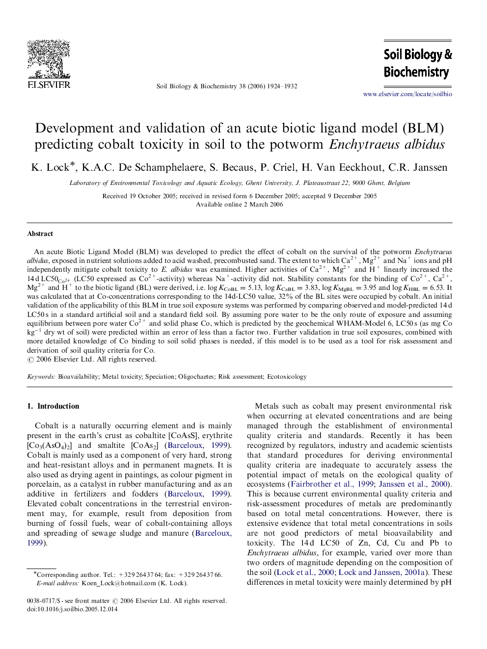 Development and validation of an acute biotic ligand model (BLM) predicting cobalt toxicity in soil to the potworm Enchytraeus albidus