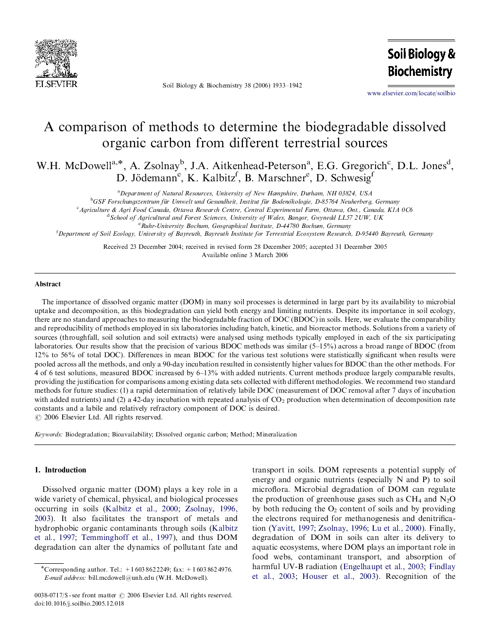 A comparison of methods to determine the biodegradable dissolved organic carbon from different terrestrial sources