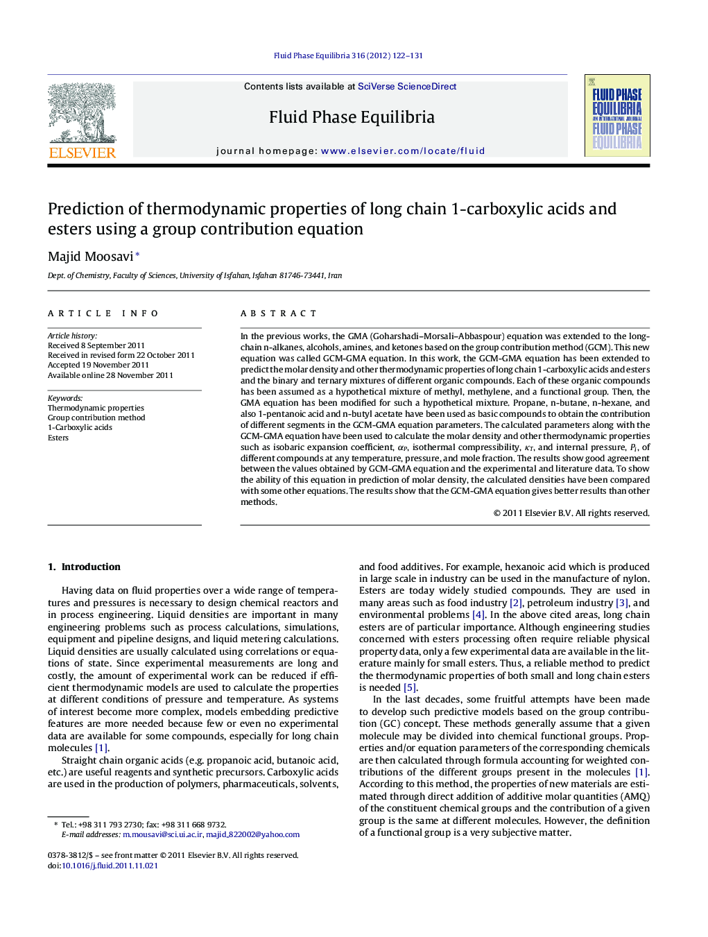 Prediction of thermodynamic properties of long chain 1-carboxylic acids and esters using a group contribution equation