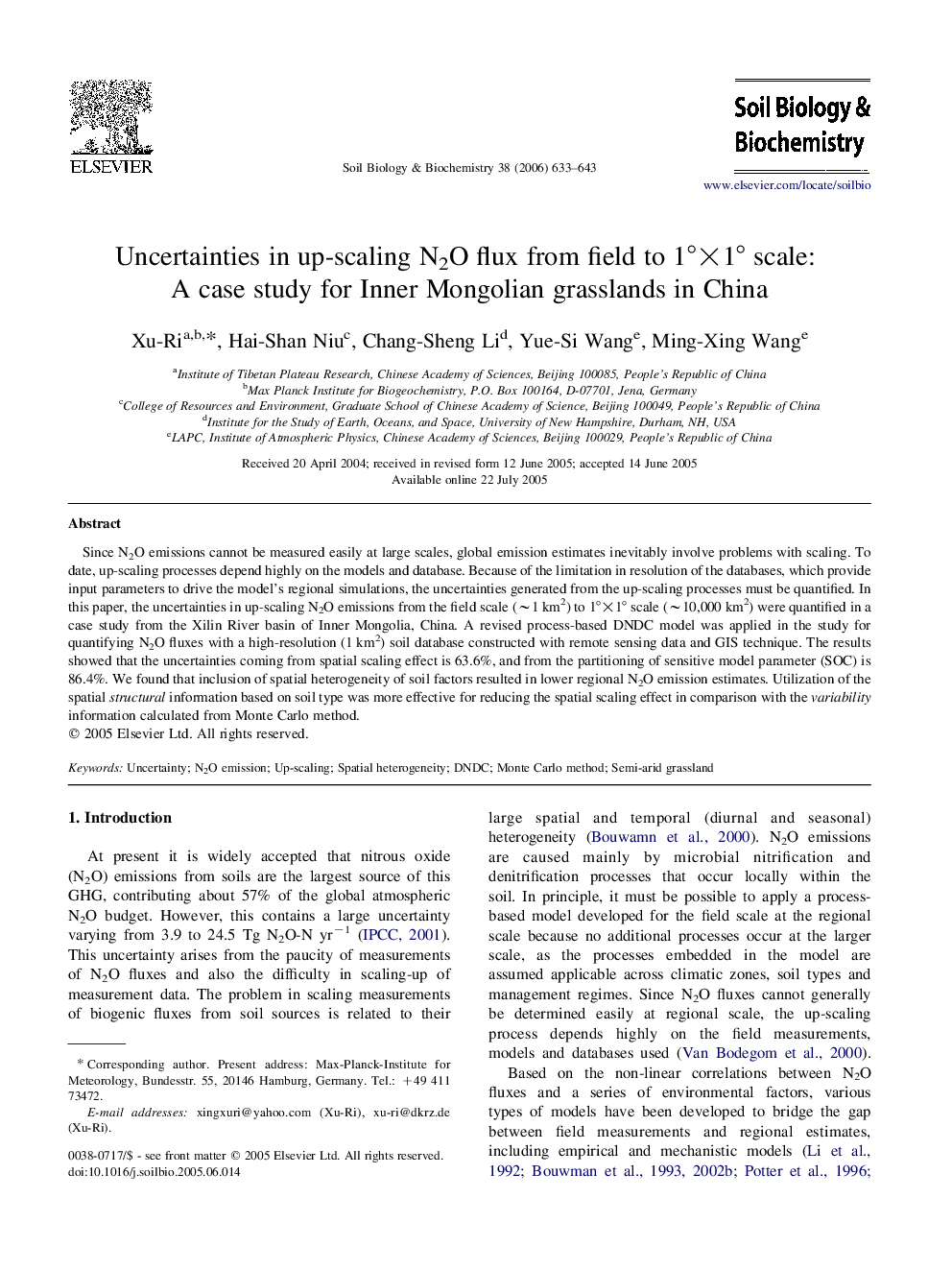 Uncertainties in up-scaling N2O flux from field to 1°×1° scale: A case study for Inner Mongolian grasslands in China