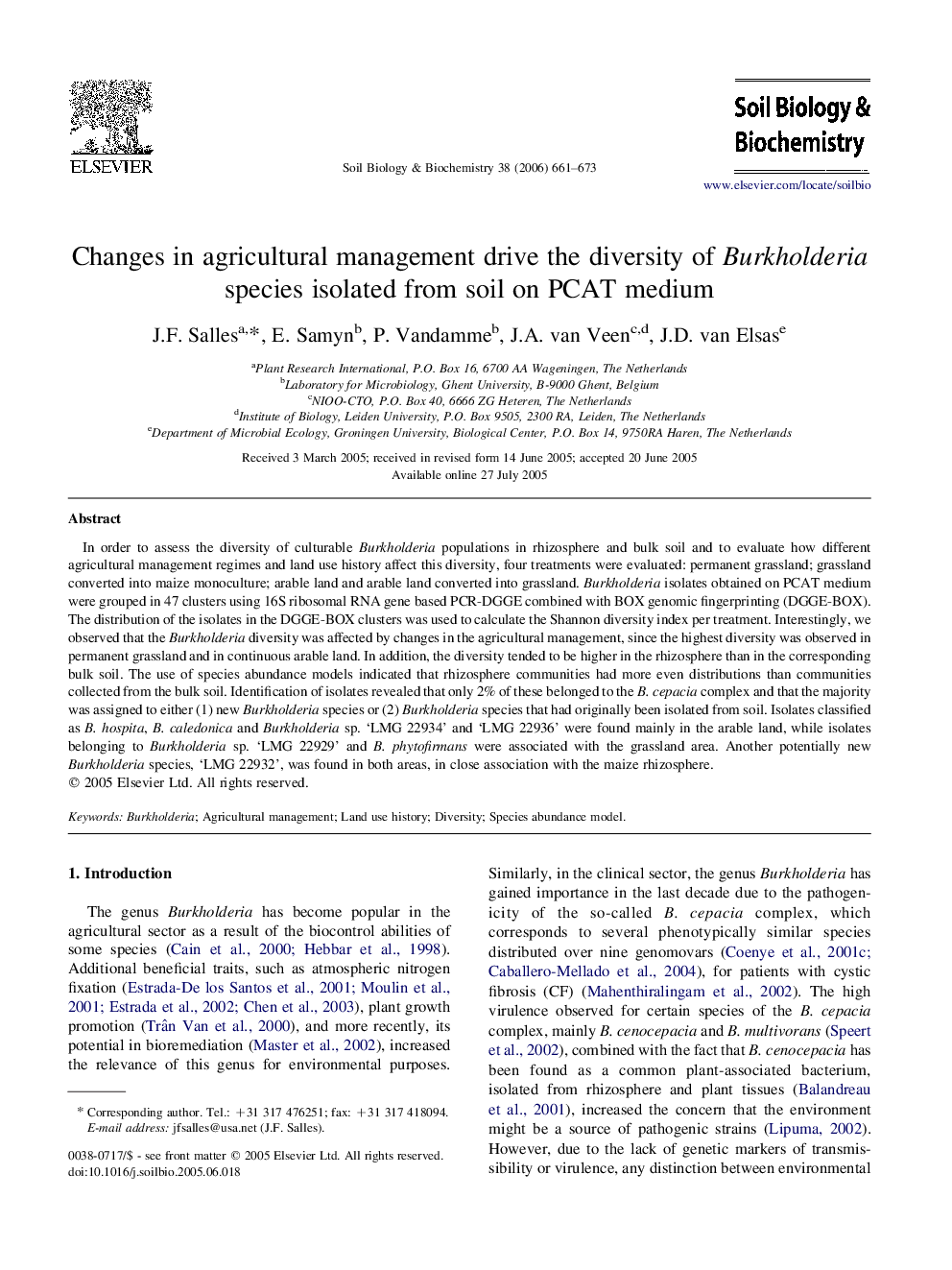 Changes in agricultural management drive the diversity of Burkholderia species isolated from soil on PCAT medium