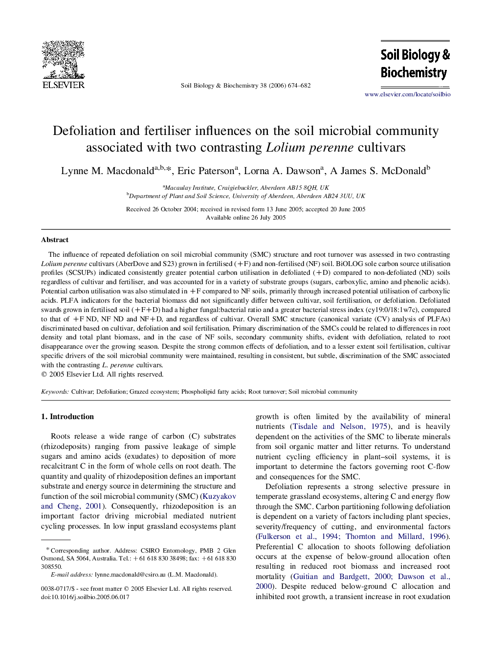 Defoliation and fertiliser influences on the soil microbial community associated with two contrasting Lolium perenne cultivars