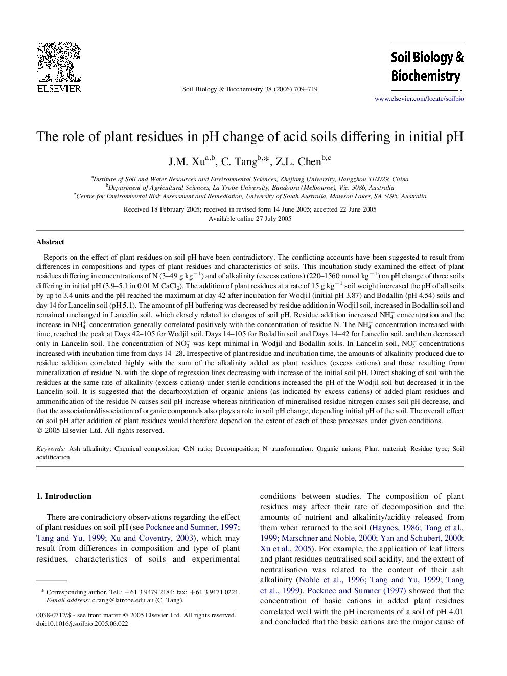 The role of plant residues in pH change of acid soils differing in initial pH