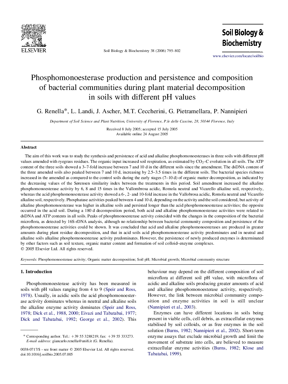 Phosphomonoesterase production and persistence and composition of bacterial communities during plant material decomposition in soils with different pH values