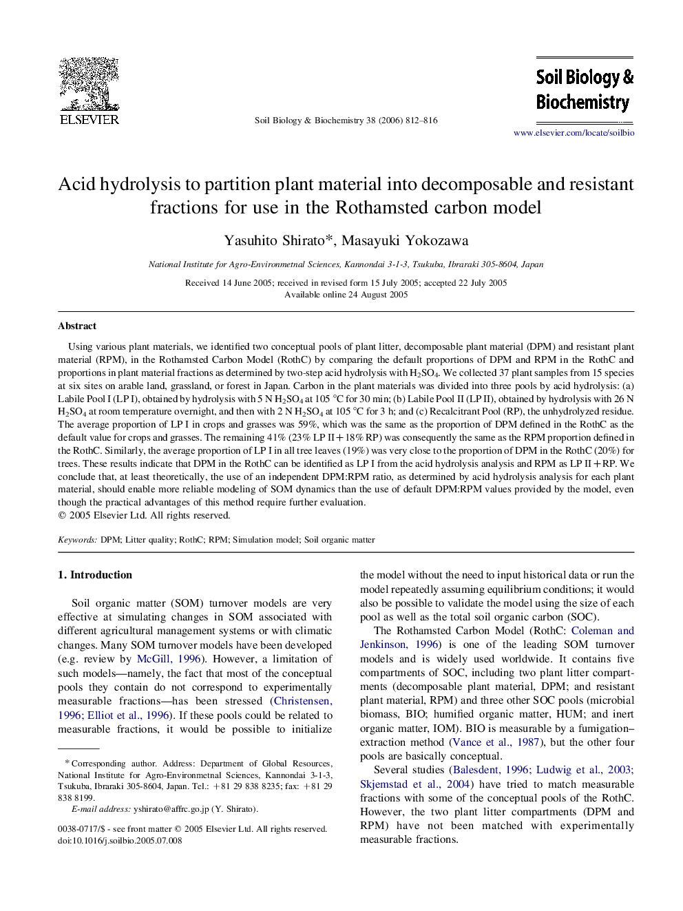 Acid hydrolysis to partition plant material into decomposable and resistant fractions for use in the Rothamsted carbon model