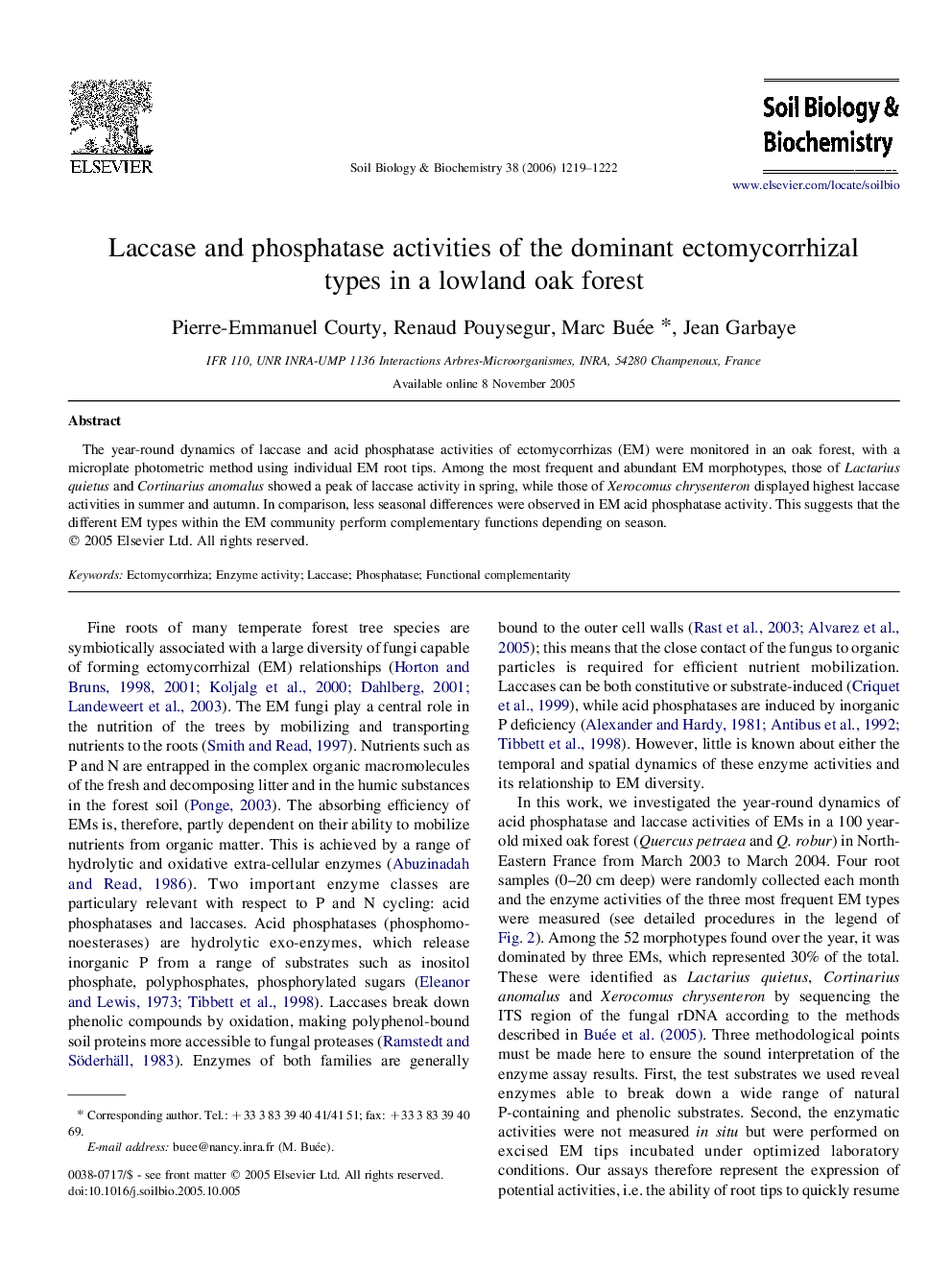 Laccase and phosphatase activities of the dominant ectomycorrhizal types in a lowland oak forest