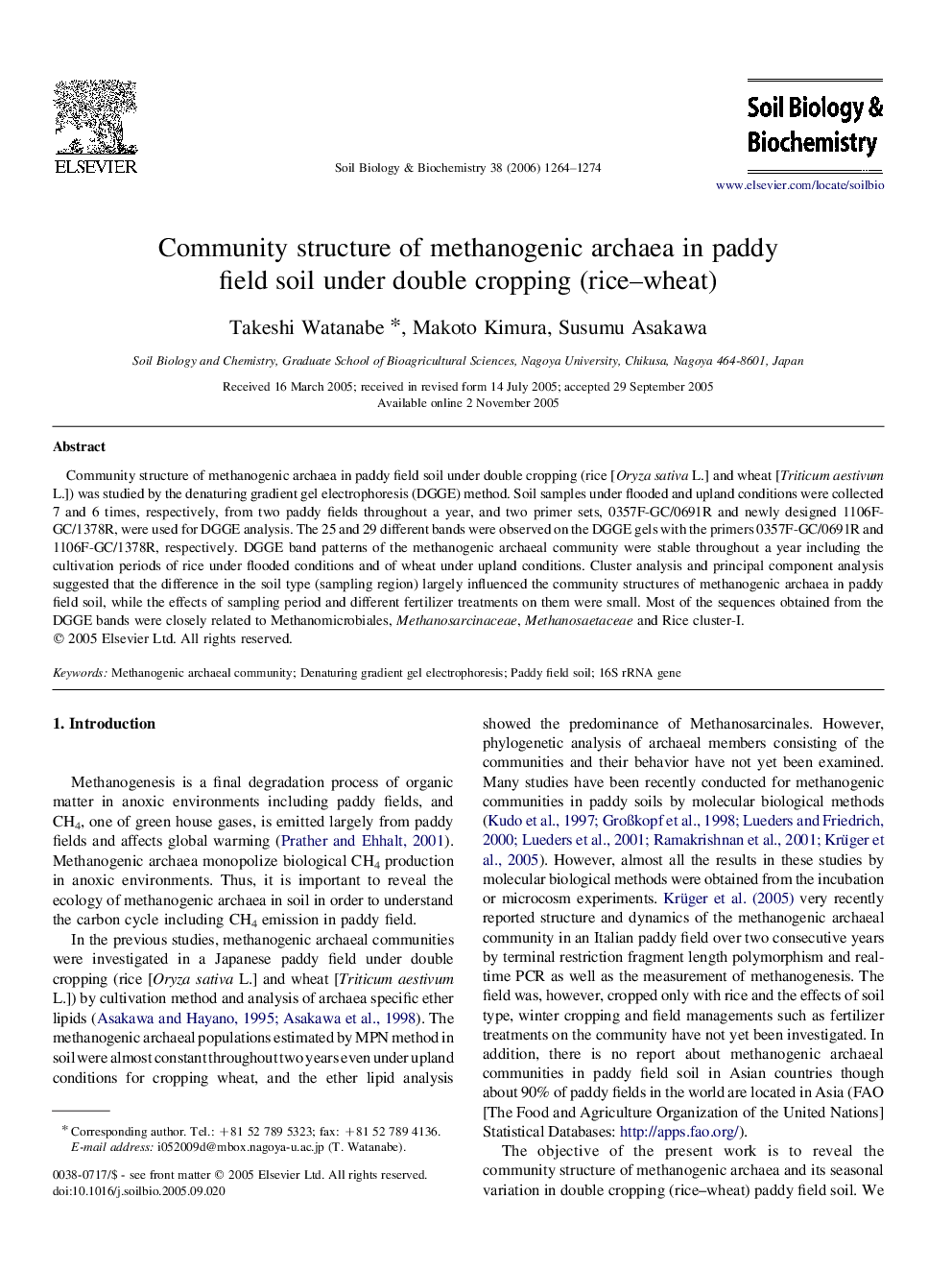 Community structure of methanogenic archaea in paddy field soil under double cropping (rice–wheat)