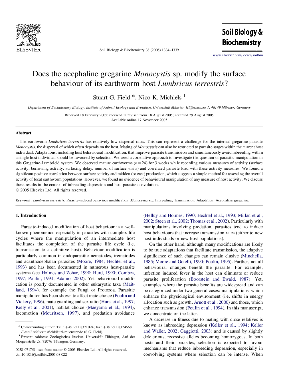 عکس صفحه اول مقاله: Does the acephaline gregarine Monocystis sp. modify the surface behaviour of its earthworm host Lumbricus terrestris? Does the acephaline gregarine Monocystis sp. modify the surface behaviour of its earthworm host Lumbricus terrestris?