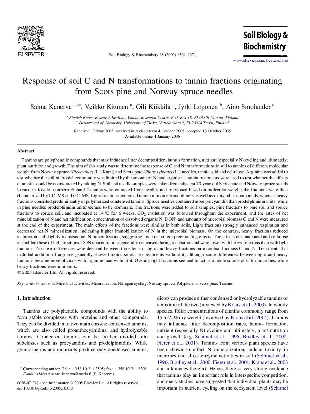 Response of soil C and N transformations to tannin fractions originating from Scots pine and Norway spruce needles