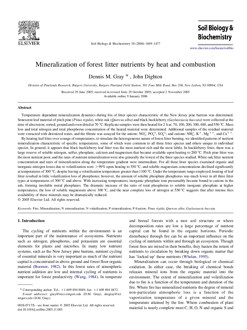 Mineralization of forest litter nutrients by heat and combustion