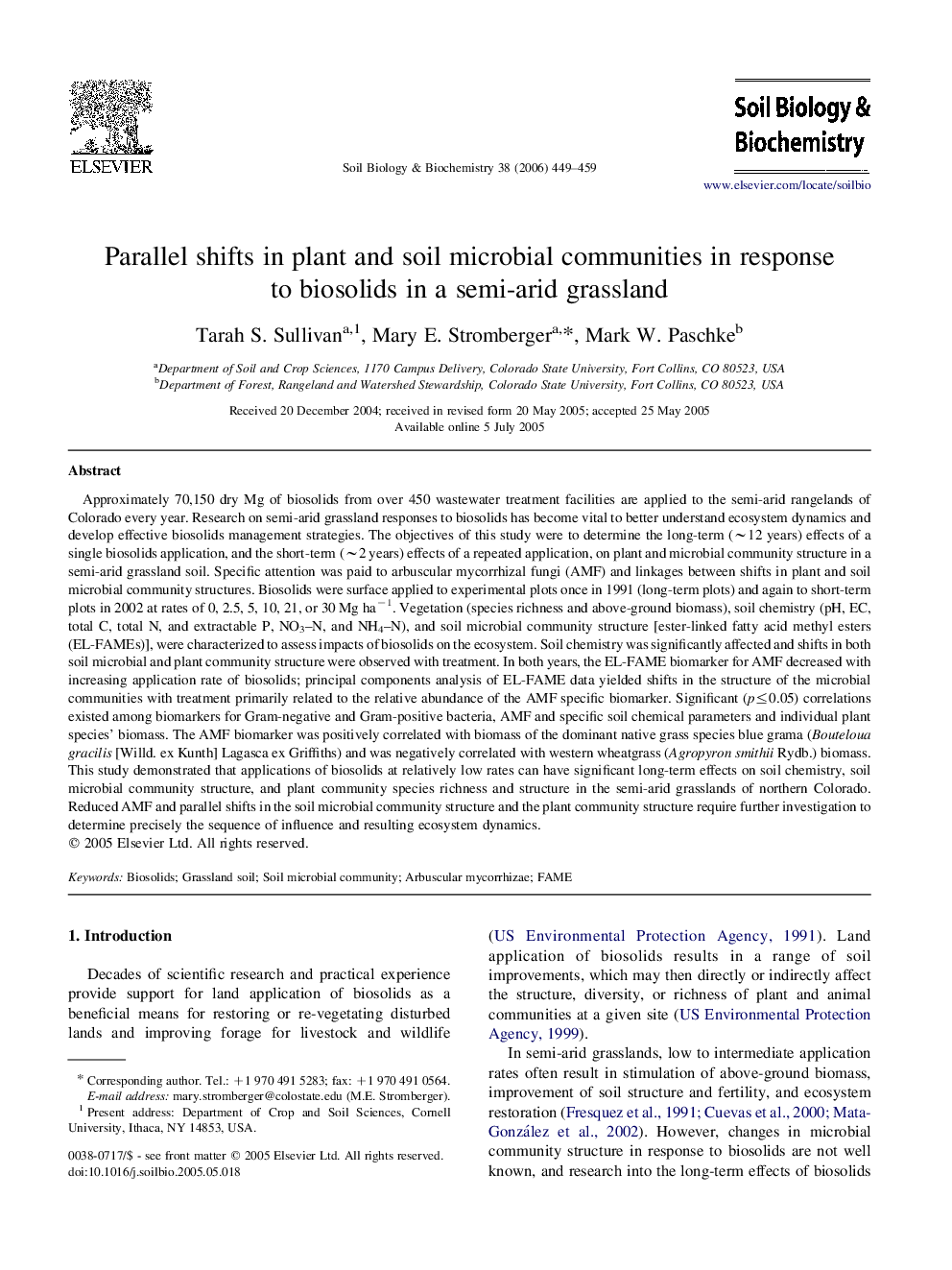 Parallel shifts in plant and soil microbial communities in response to biosolids in a semi-arid grassland