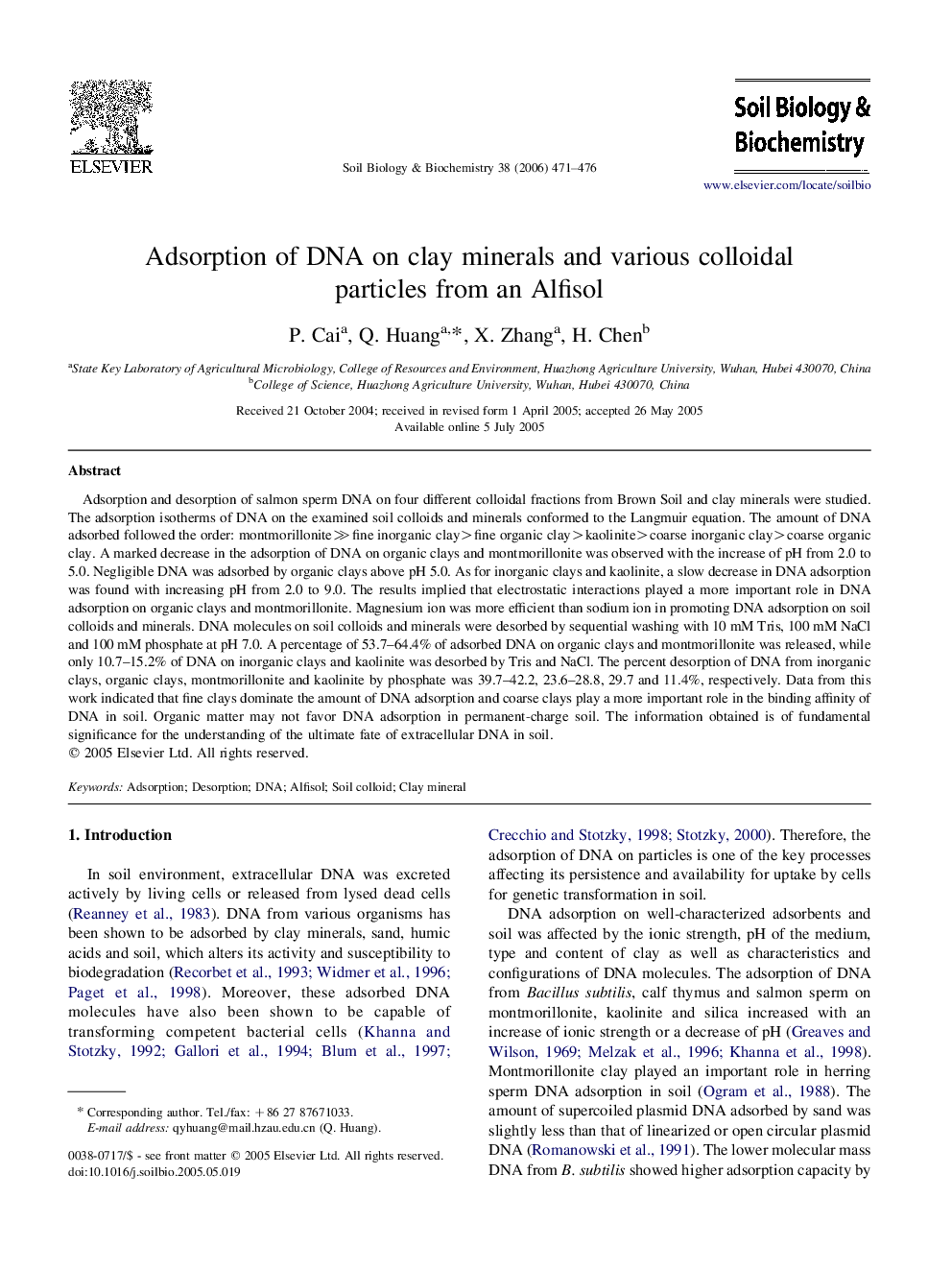 Adsorption of DNA on clay minerals and various colloidal particles from an Alfisol