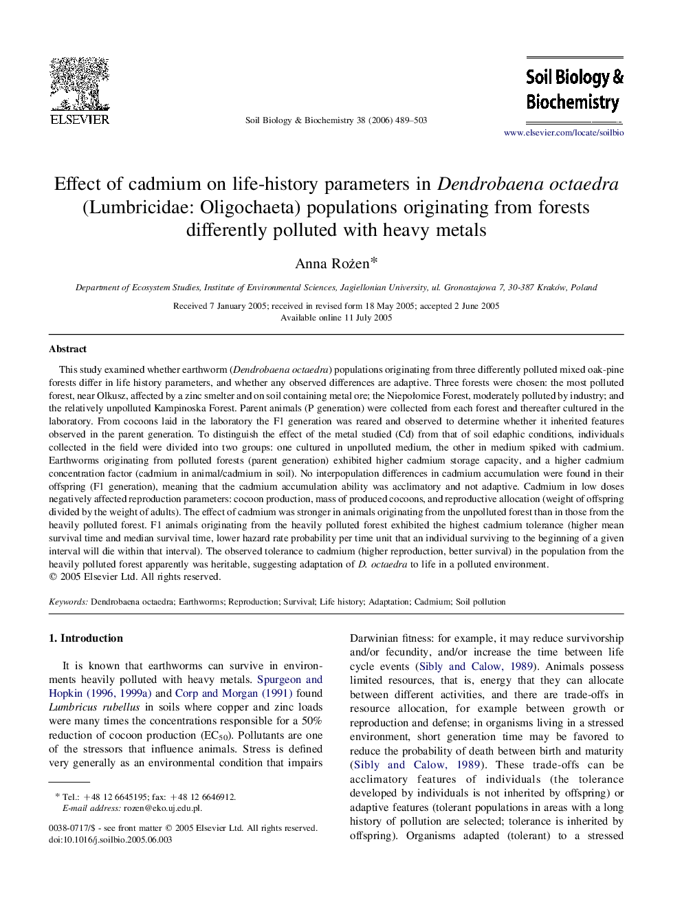 Effect of cadmium on life-history parameters in Dendrobaena octaedra (Lumbricidae: Oligochaeta) populations originating from forests differently polluted with heavy metals