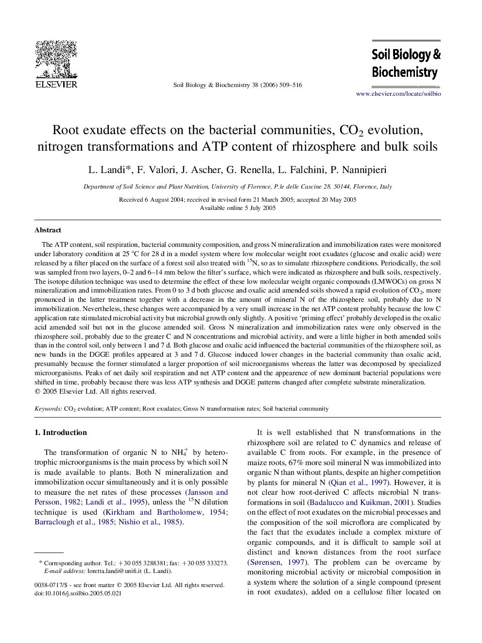 Root exudate effects on the bacterial communities, CO2 evolution, nitrogen transformations and ATP content of rhizosphere and bulk soils