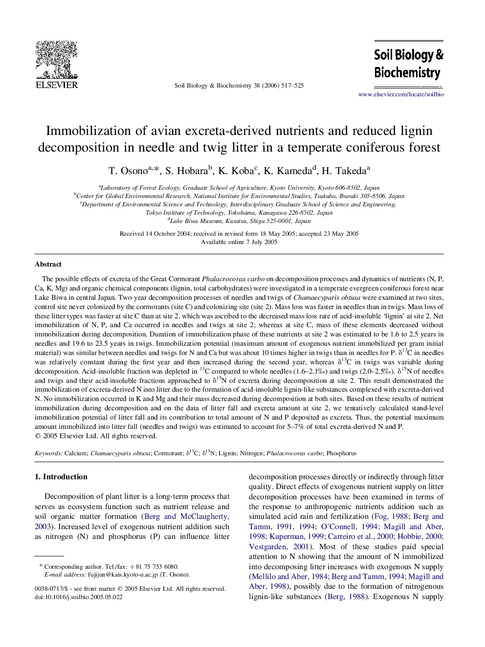 Immobilization of avian excreta-derived nutrients and reduced lignin decomposition in needle and twig litter in a temperate coniferous forest