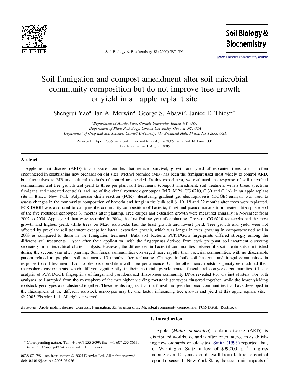 Soil fumigation and compost amendment alter soil microbial community composition but do not improve tree growth or yield in an apple replant site