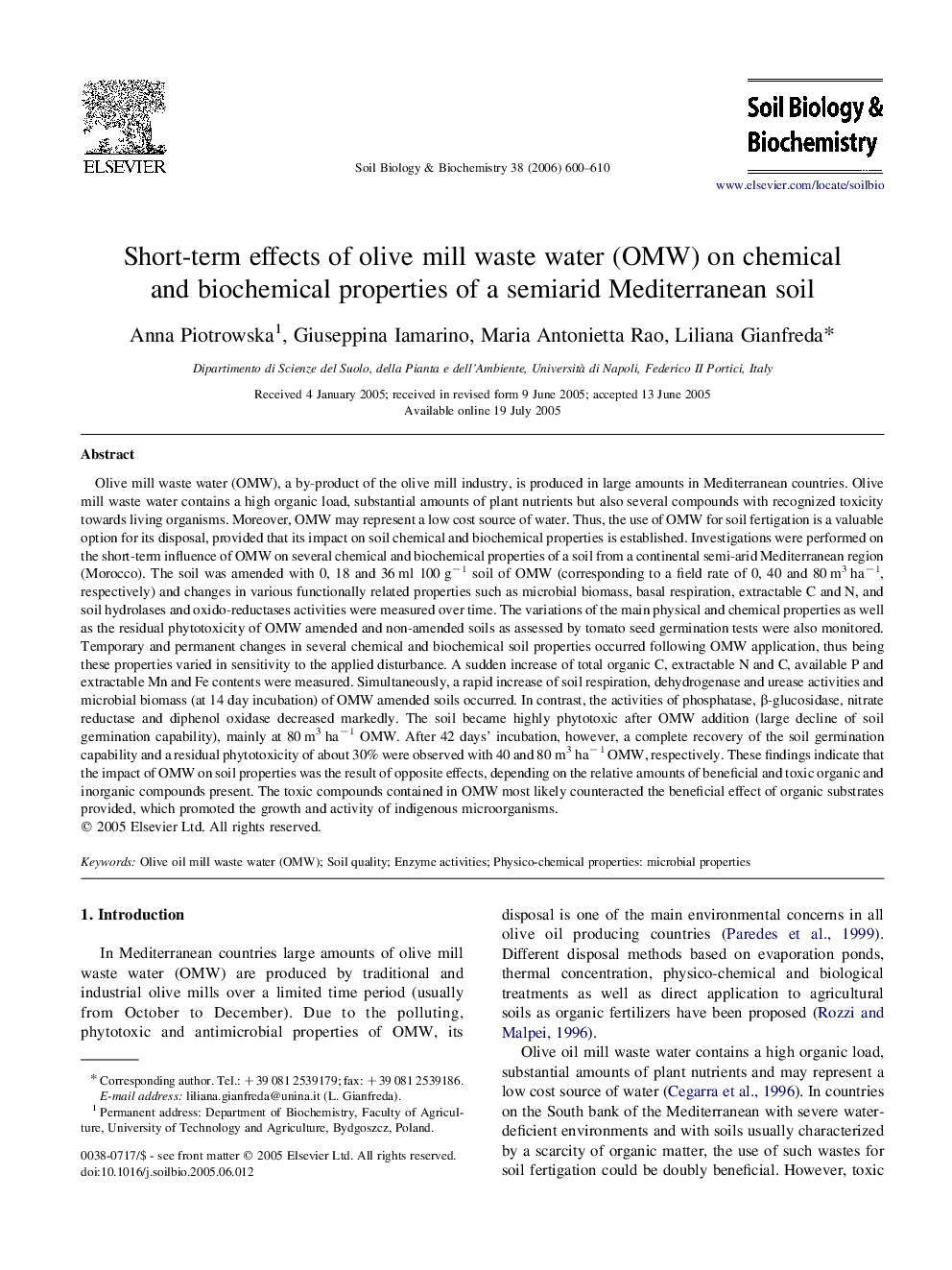 Short-term effects of olive mill waste water (OMW) on chemical and biochemical properties of a semiarid Mediterranean soil