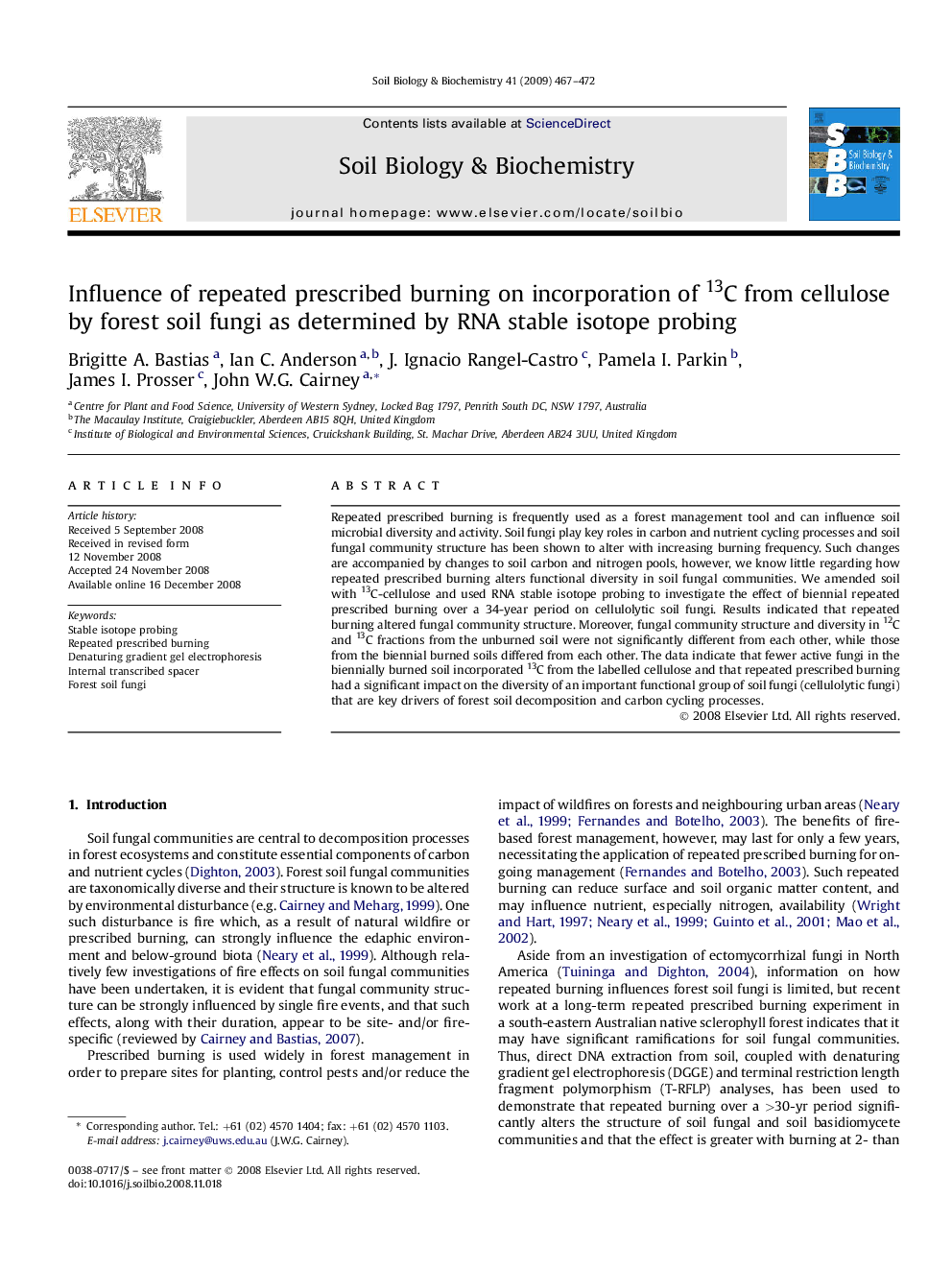 Influence of repeated prescribed burning on incorporation of 13C from cellulose by forest soil fungi as determined by RNA stable isotope probing