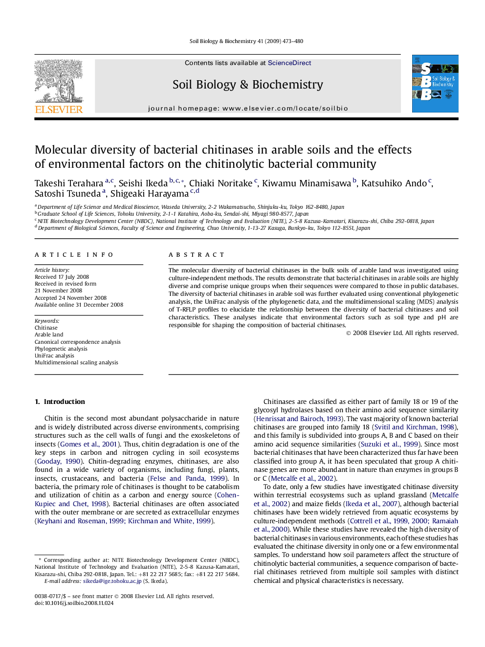 Molecular diversity of bacterial chitinases in arable soils and the effects of environmental factors on the chitinolytic bacterial community