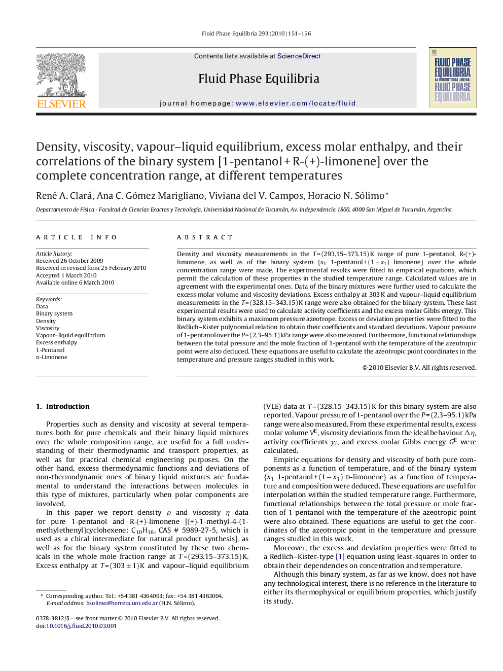 Density, viscosity, vapour–liquid equilibrium, excess molar enthalpy, and their correlations of the binary system [1-pentanol + R-(+)-limonene] over the complete concentration range, at different temperatures