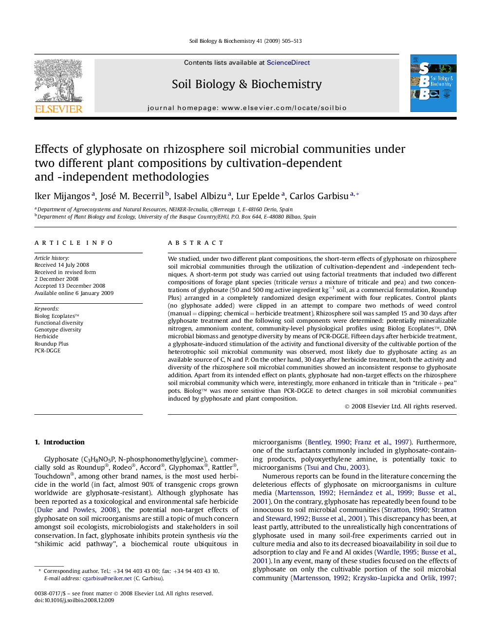 Effects of glyphosate on rhizosphere soil microbial communities under two different plant compositions by cultivation-dependent and -independent methodologies