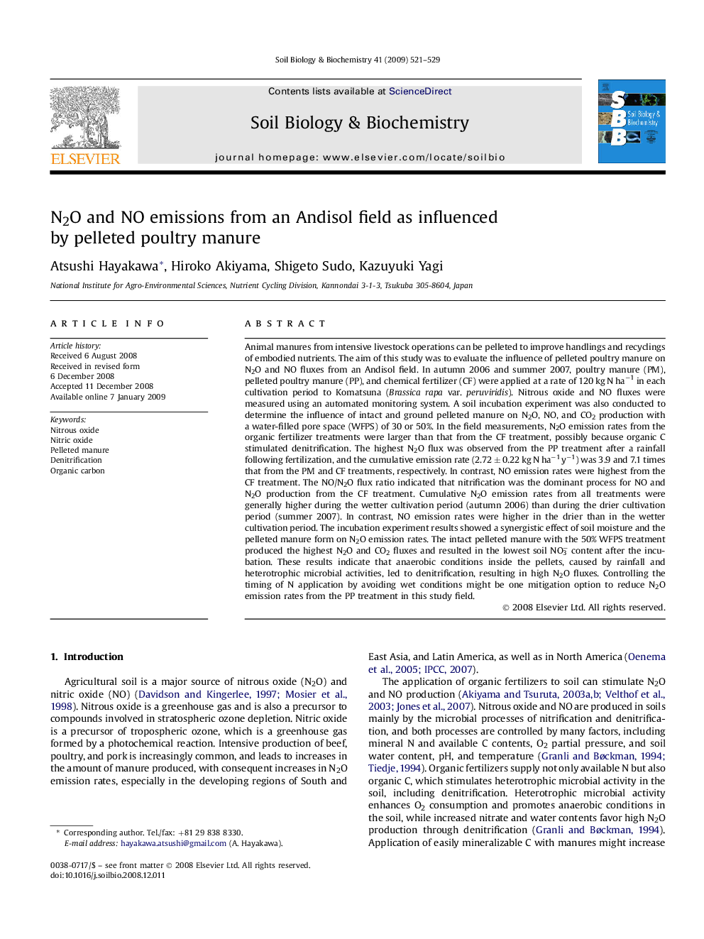 N2O and NO emissions from an Andisol field as influenced by pelleted poultry manure