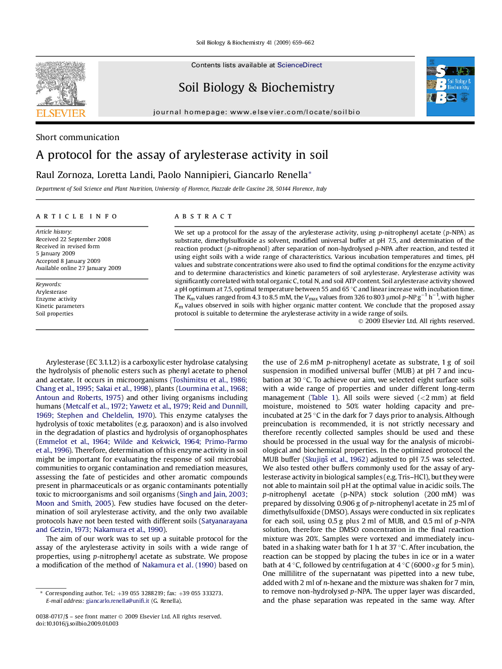 A protocol for the assay of arylesterase activity in soil