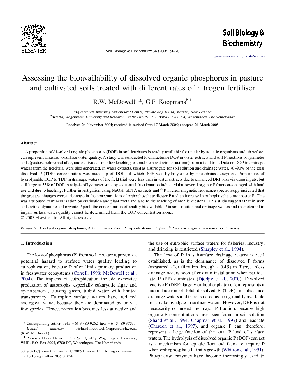 Assessing the bioavailability of dissolved organic phosphorus in pasture and cultivated soils treated with different rates of nitrogen fertiliser