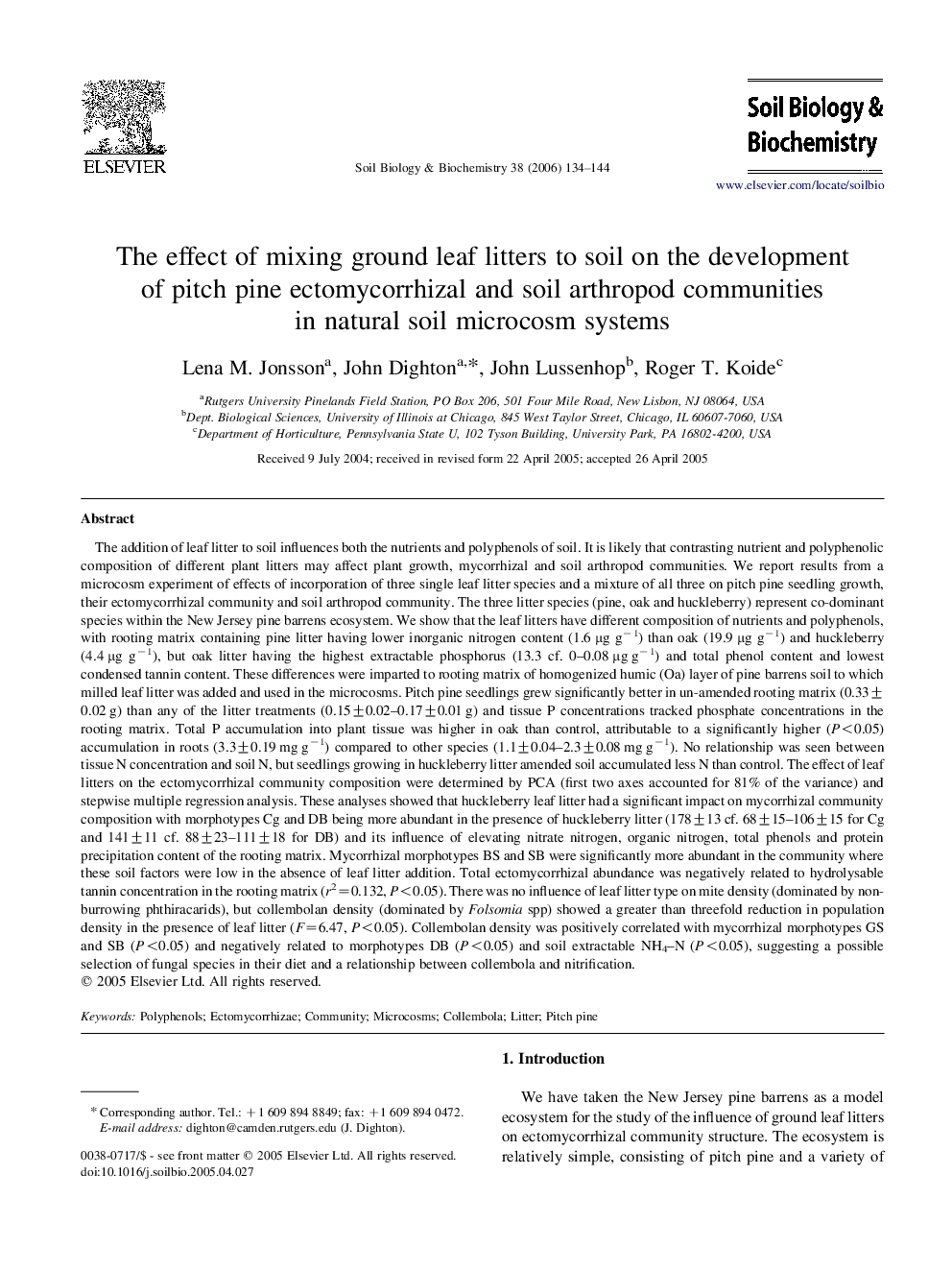 The effect of mixing ground leaf litters to soil on the development of pitch pine ectomycorrhizal and soil arthropod communities in natural soil microcosm systems